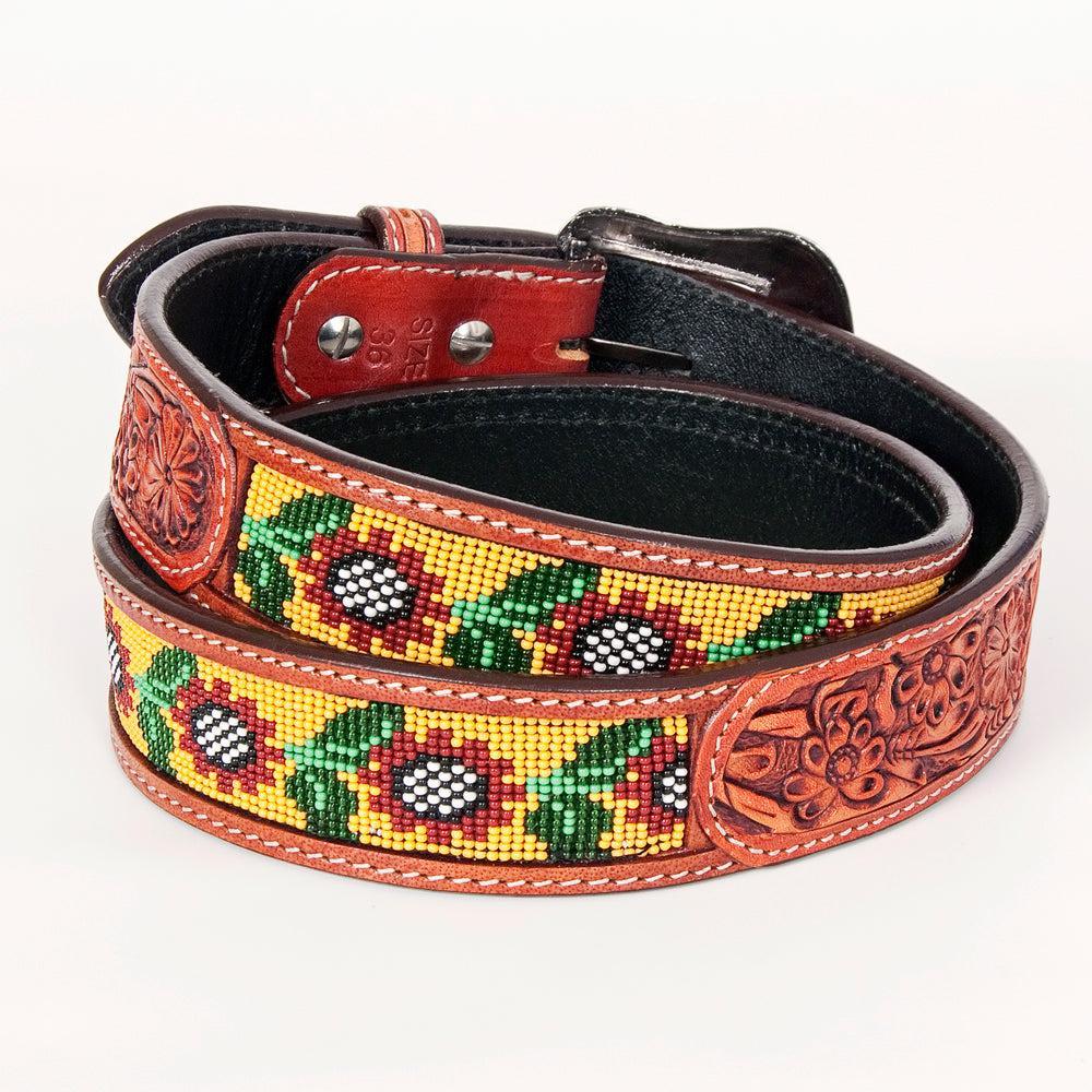 Bar H Equine Hand Carved Western Leather Belt Men Women Beaded
