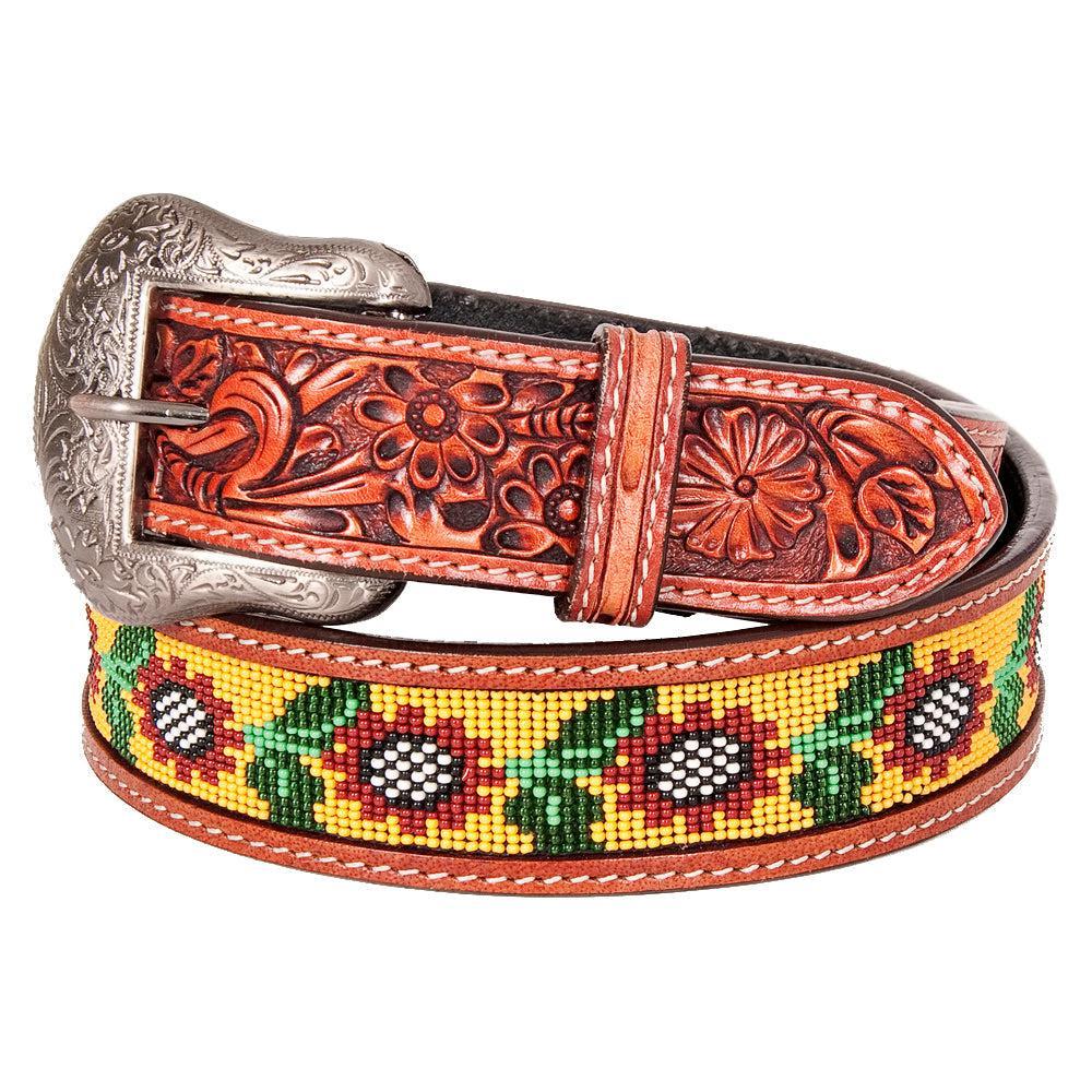 Bar H Equine Hand Carved Western Leather Belt Men Women Beaded