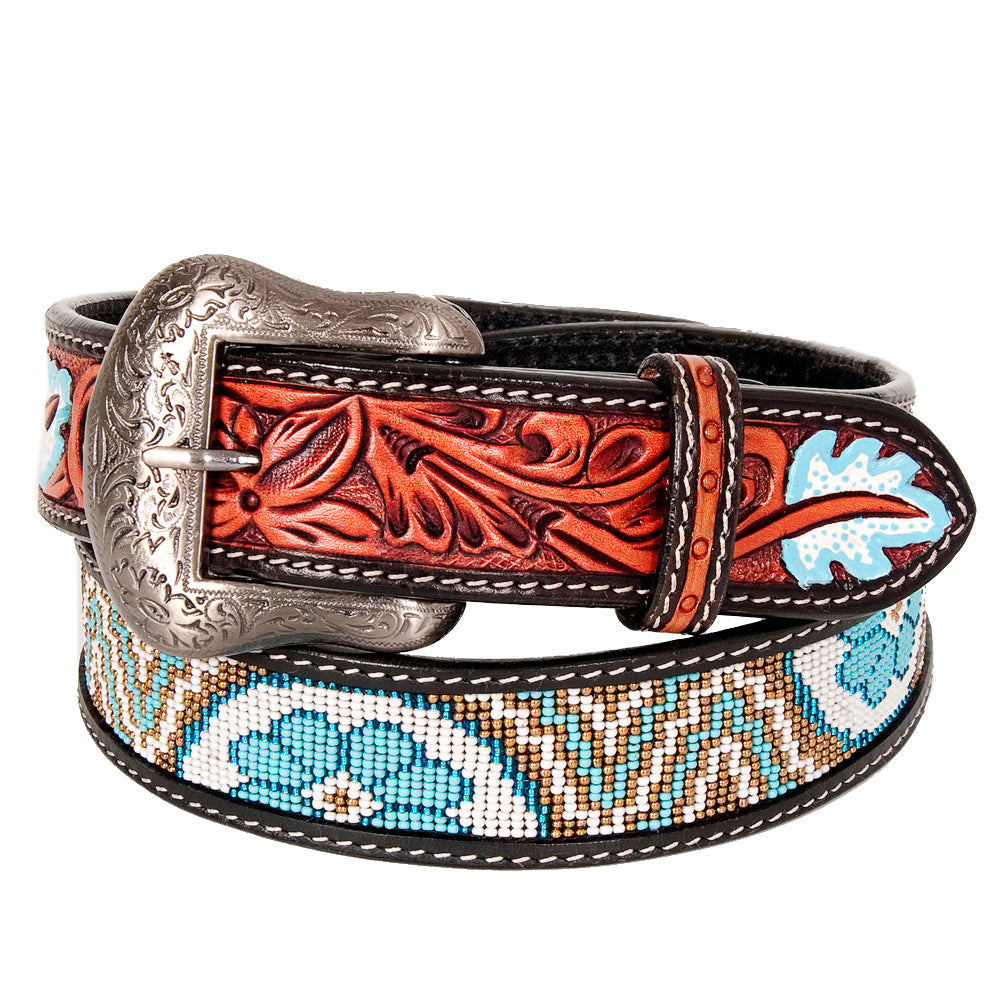 Bar H Equine Hand Carved Western Leather Belt Men Women Beaded