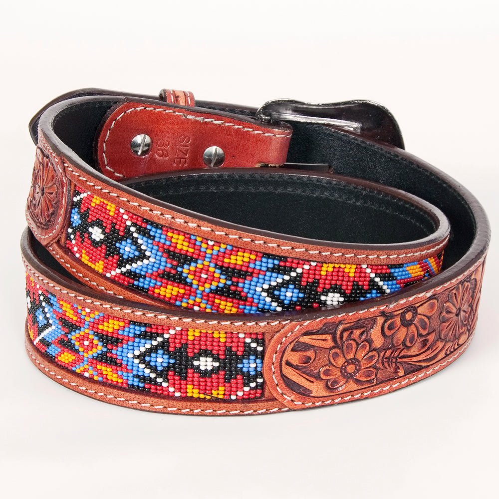 Bar H Equine Hand Carved Western Leather Belt Men Women Beaded