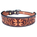 Western Hand Tooled Genuine Leather Dog Collar Brown With Adjustable Fit Hardware