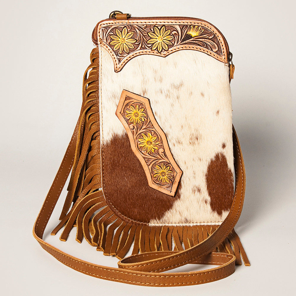 American Darling Women's Hair-On Cowhide Chaps Bag Hand Tooled Fringes Vegetable-Tanned Genuine Leather YKK Zipper