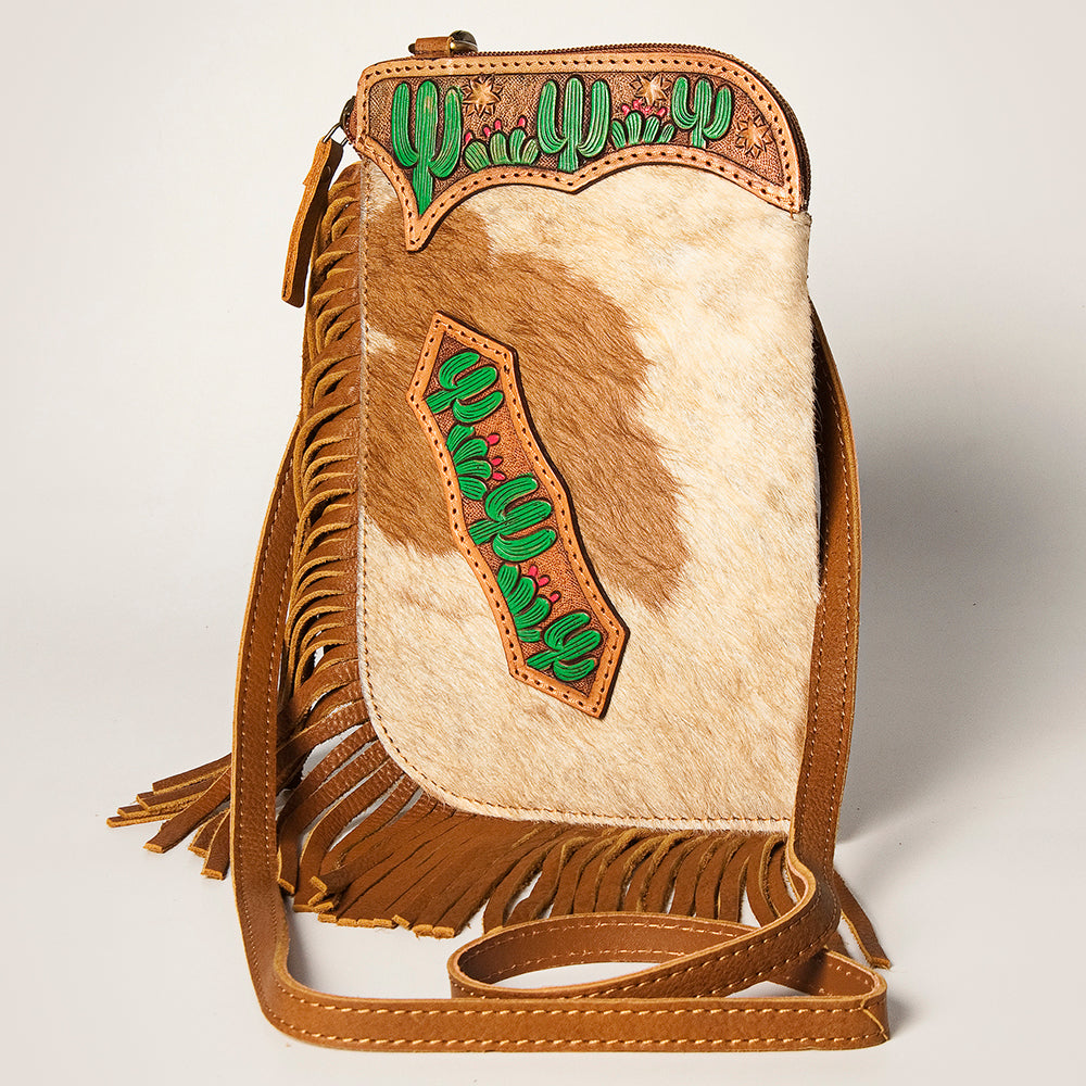 American Darling Women's Hair-On Cowhide Chaps Bag Hand Tooled Fringes Vegetable-Tanned Genuine Leather YKK Zipper