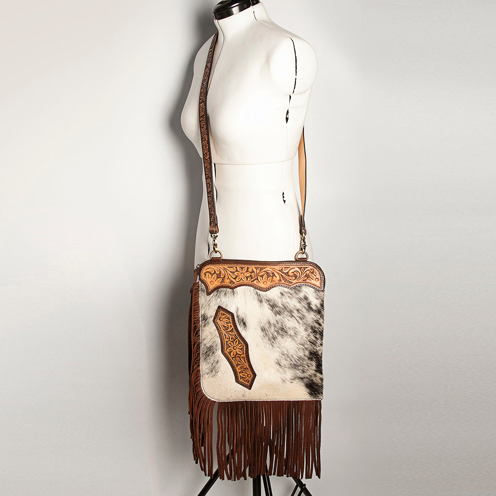 American Darling Women's Hair-On Cowhide Chaps Bag Hand Tooled Fringes Floral Carved Vegetable-Tanned Genuine Leather YKK Zipper