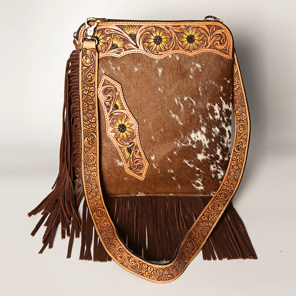 American Darling Women's Hair-On Cowhide Chaps Bag Hand Tooled Fringes Floral Carved Vegetable-Tanned Genuine Leather YKK Zipper