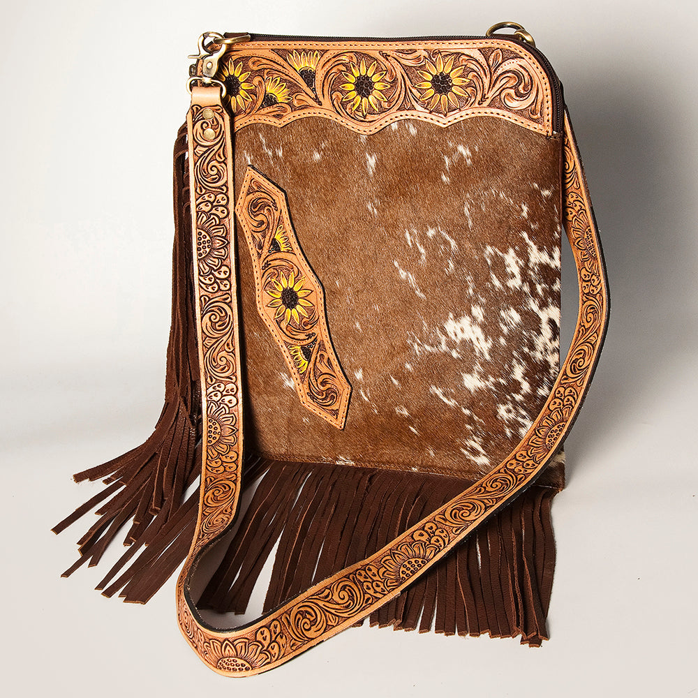 American Darling Women's Hair-On Cowhide Chaps Bag Hand Tooled Fringes Floral Carved Vegetable-Tanned Genuine Leather YKK Zipper