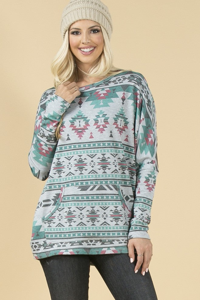 Smoky Mountain Gray Aztec Print Tunic with Pockets Made in America by Baha Ranch Western Wear