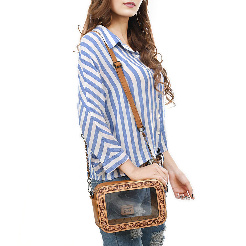 Clear Crossbody Bag With Hand Tooled Tan Leather Trim