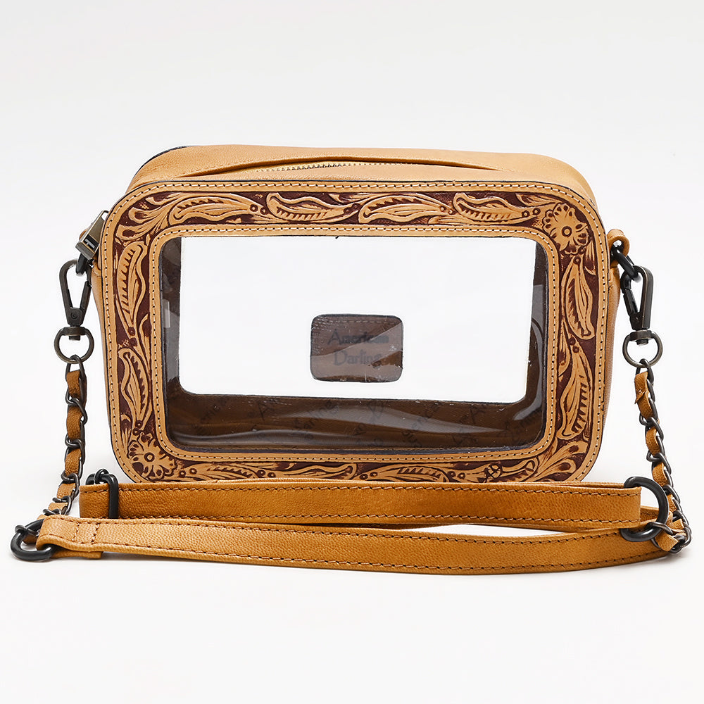 Clear Crossbody Bag With Hand Tooled Tan Leather Trim