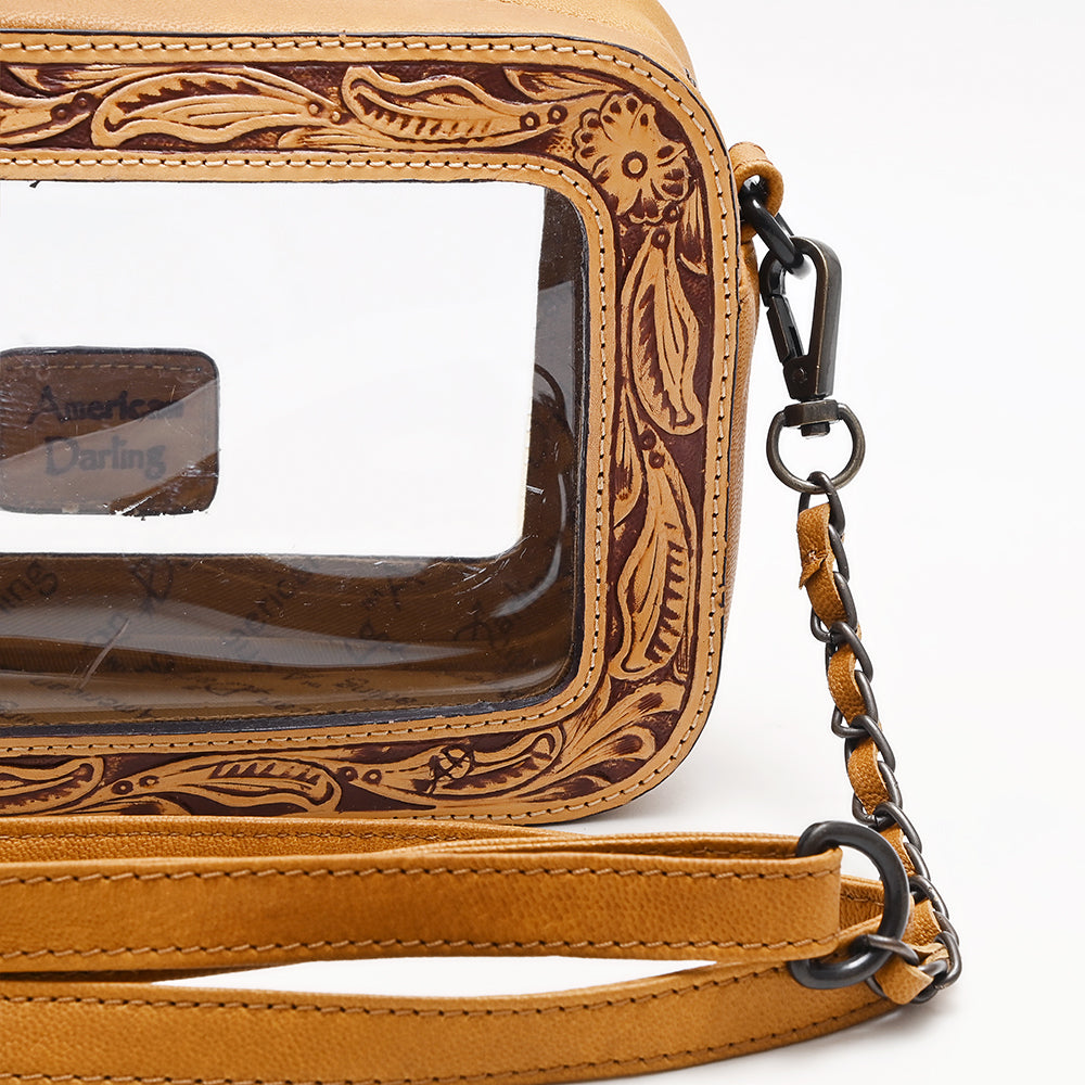 Clear Crossbody Bag With Hand Tooled Tan Leather Trim