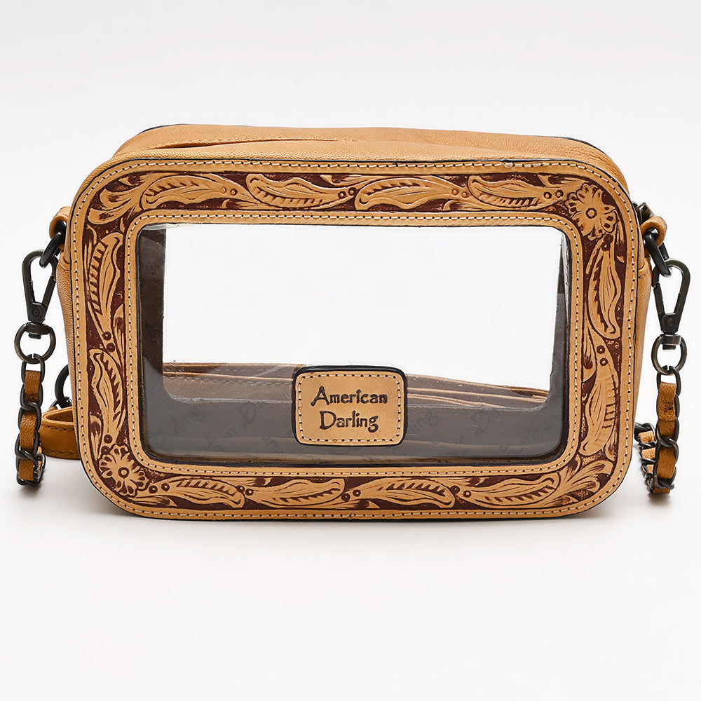 Clear Crossbody Bag With Hand Tooled Tan Leather Trim