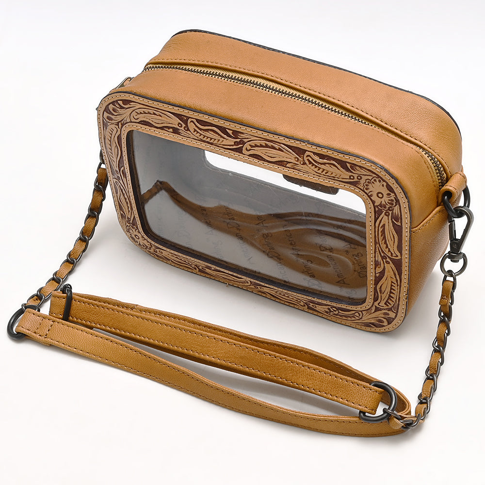 Clear Crossbody Bag With Hand Tooled Tan Leather Trim