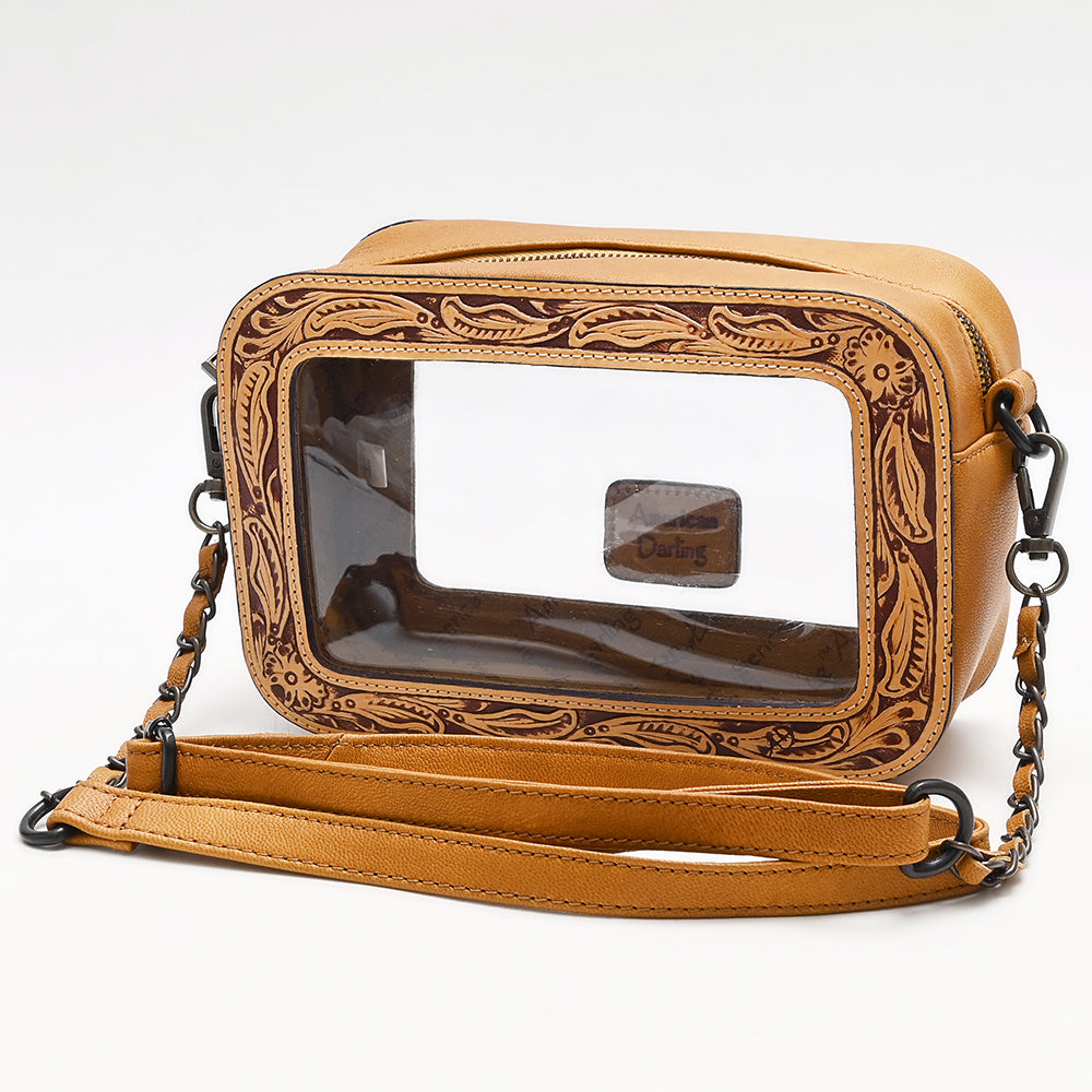 Clear Crossbody Bag With Hand Tooled Tan Leather Trim