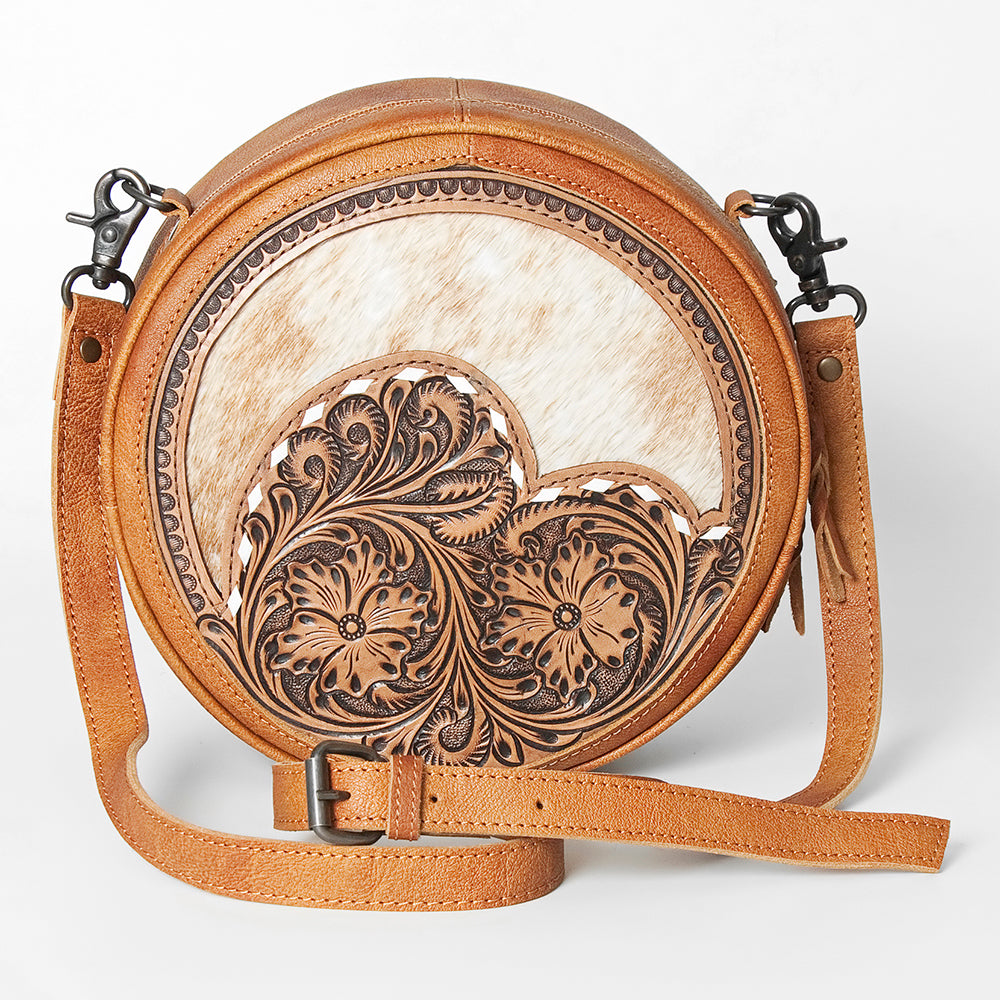 American Darling Canteen Bag Western Leather Hand Tooled Floral Carved Hair-On Cowhide Buck Stitched 10in x 10in