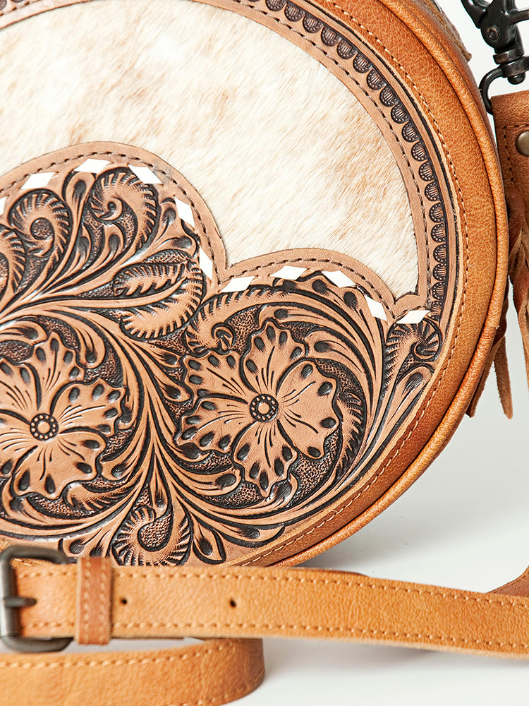 American Darling Canteen Bag Western Leather Hand Tooled Floral Carved Hair-On Cowhide Buck Stitched 10in x 10in