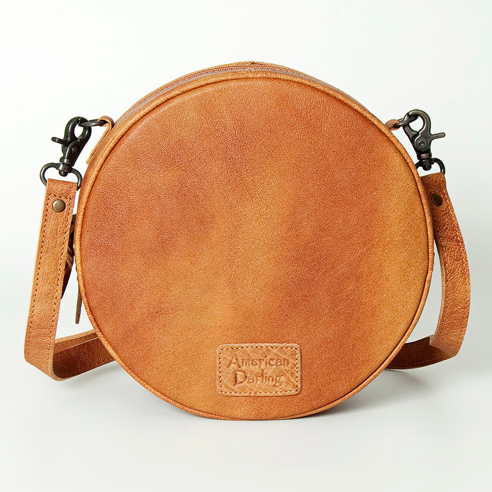 American Darling Canteen Bag Western Leather Hand Tooled Floral Carved Hair-On Cowhide Buck Stitched 10in x 10in