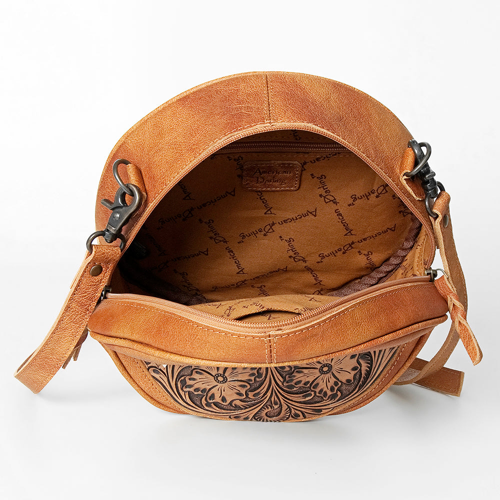 American Darling Canteen Bag Western Leather Hand Tooled Floral Carved Hair-On Cowhide Buck Stitched 10in x 10in