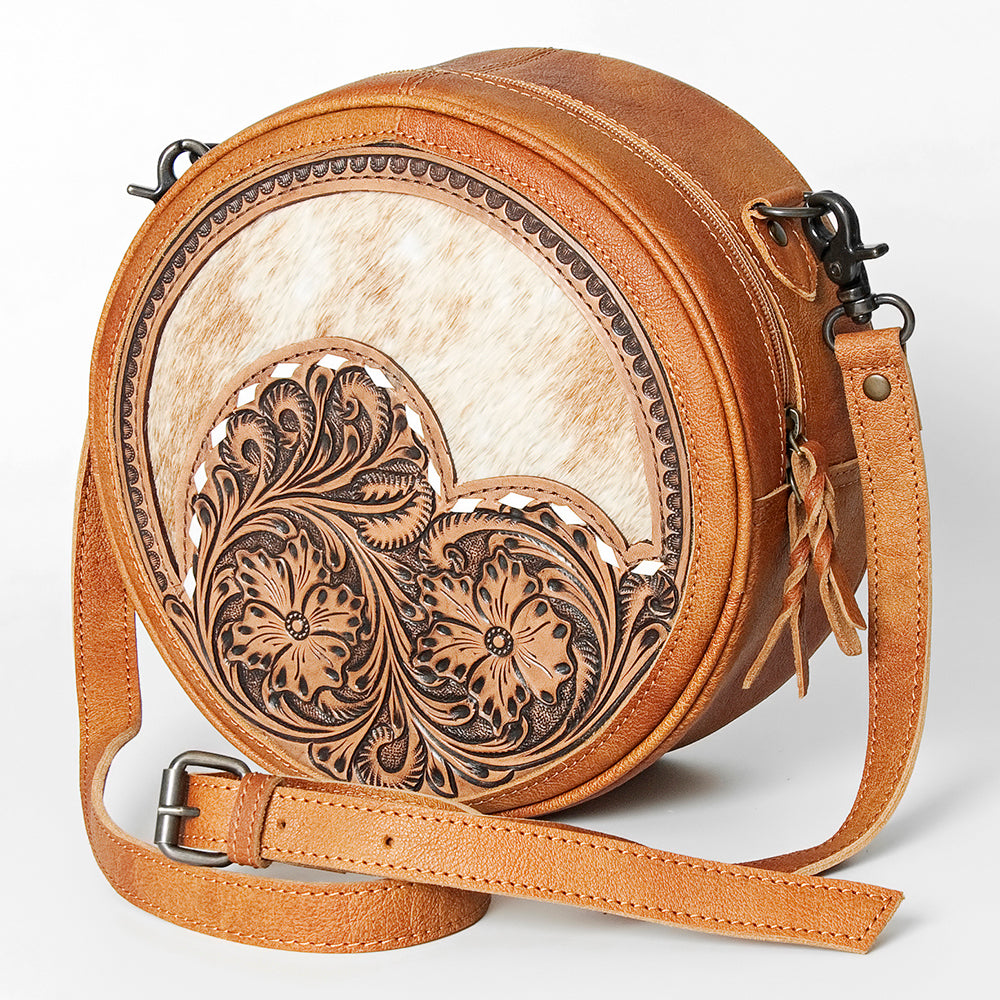 American Darling Canteen Bag Western Leather Hand Tooled Floral Carved Hair-On Cowhide Buck Stitched 10in x 10in