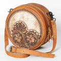 American Darling Canteen Bag Western Leather Hand Tooled Floral Carved Hair-On Cowhide Buck Stitched 10in x 10in