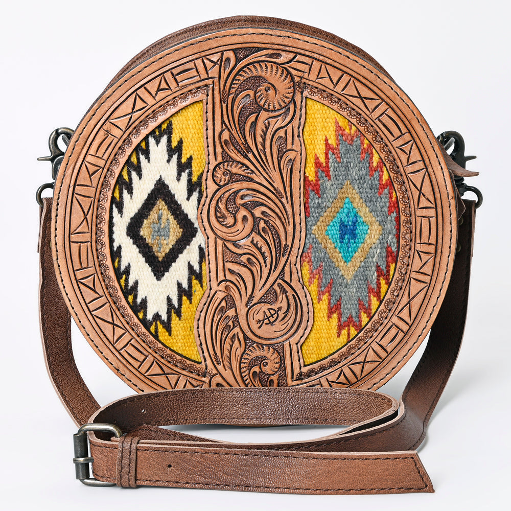 American Darling Canteen Bag Western Leather Hand Tooled Floral Carved Hair-On Cowhide Buck Stitched 10in x 10in