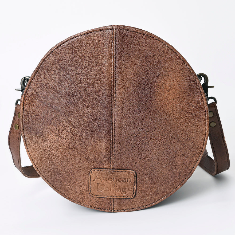 American Darling Canteen Bag Western Leather Hand Tooled Floral Carved Hair-On Cowhide Buck Stitched 10in x 10in