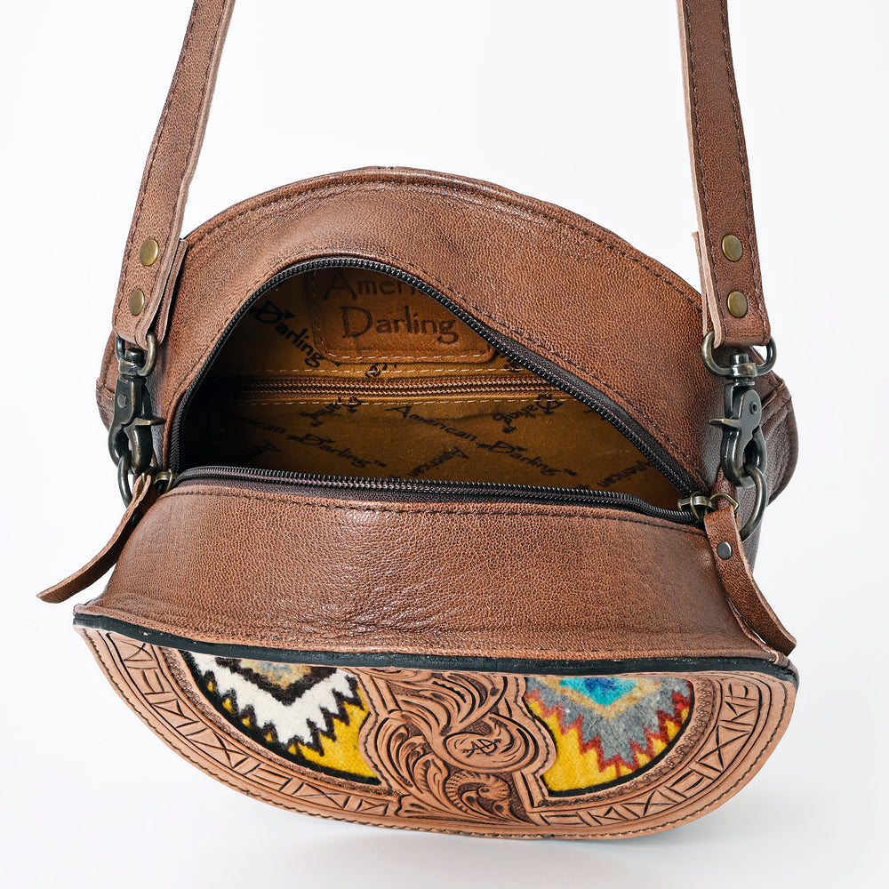 American Darling Canteen Bag Western Leather Hand Tooled Floral Carved Hair-On Cowhide Buck Stitched 10in x 10in