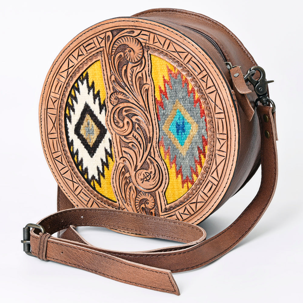 American Darling Canteen Bag Western Leather Hand Tooled Floral Carved Hair-On Cowhide Buck Stitched 10in x 10in