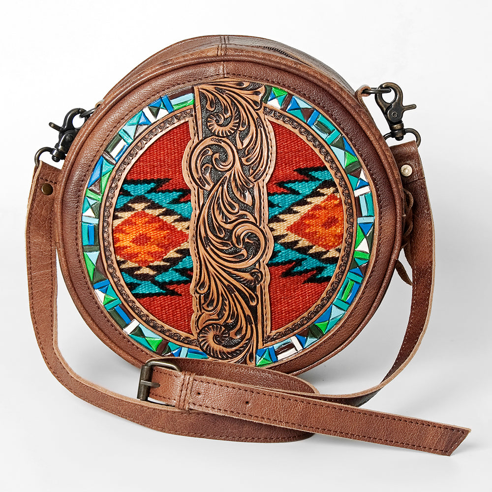 American Darling Canteen Bag Western Leather Hand Tooled Floral Carved Hair-On Cowhide Buck Stitched 10in x 10in