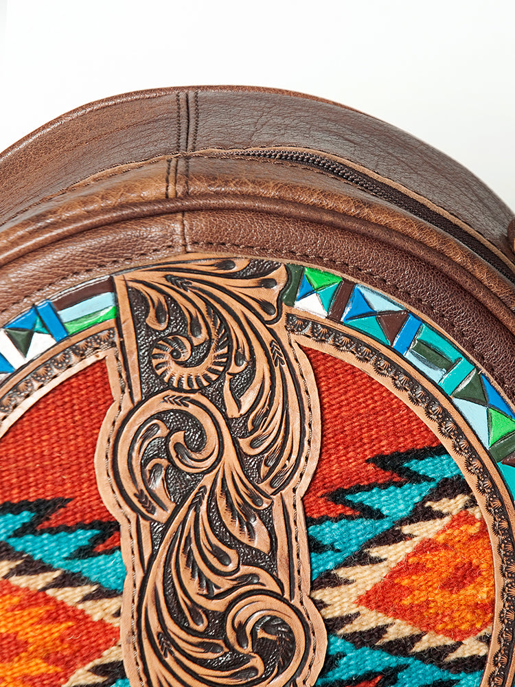 American Darling Canteen Bag Western Leather Hand Tooled Floral Carved Hair-On Cowhide Buck Stitched 10in x 10in