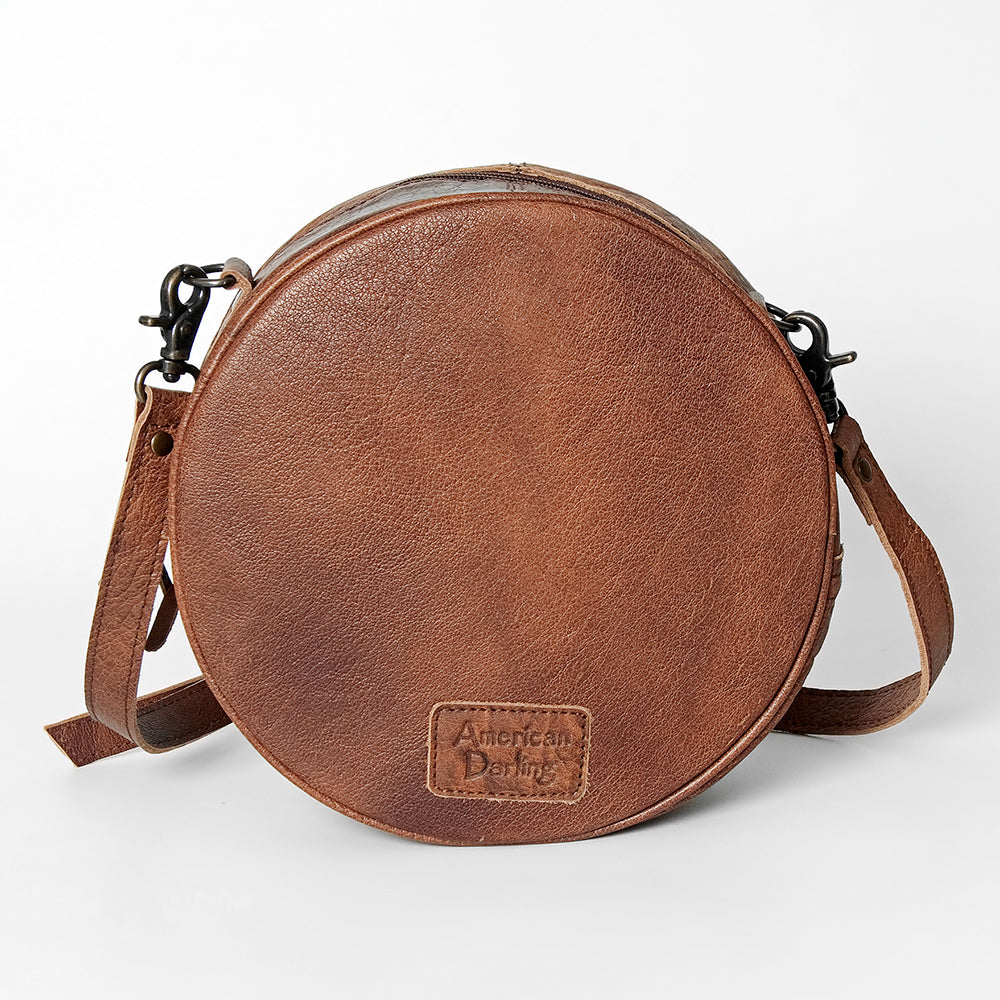 American Darling Canteen Bag Western Leather Hand Tooled Floral Carved Hair-On Cowhide Buck Stitched 10in x 10in