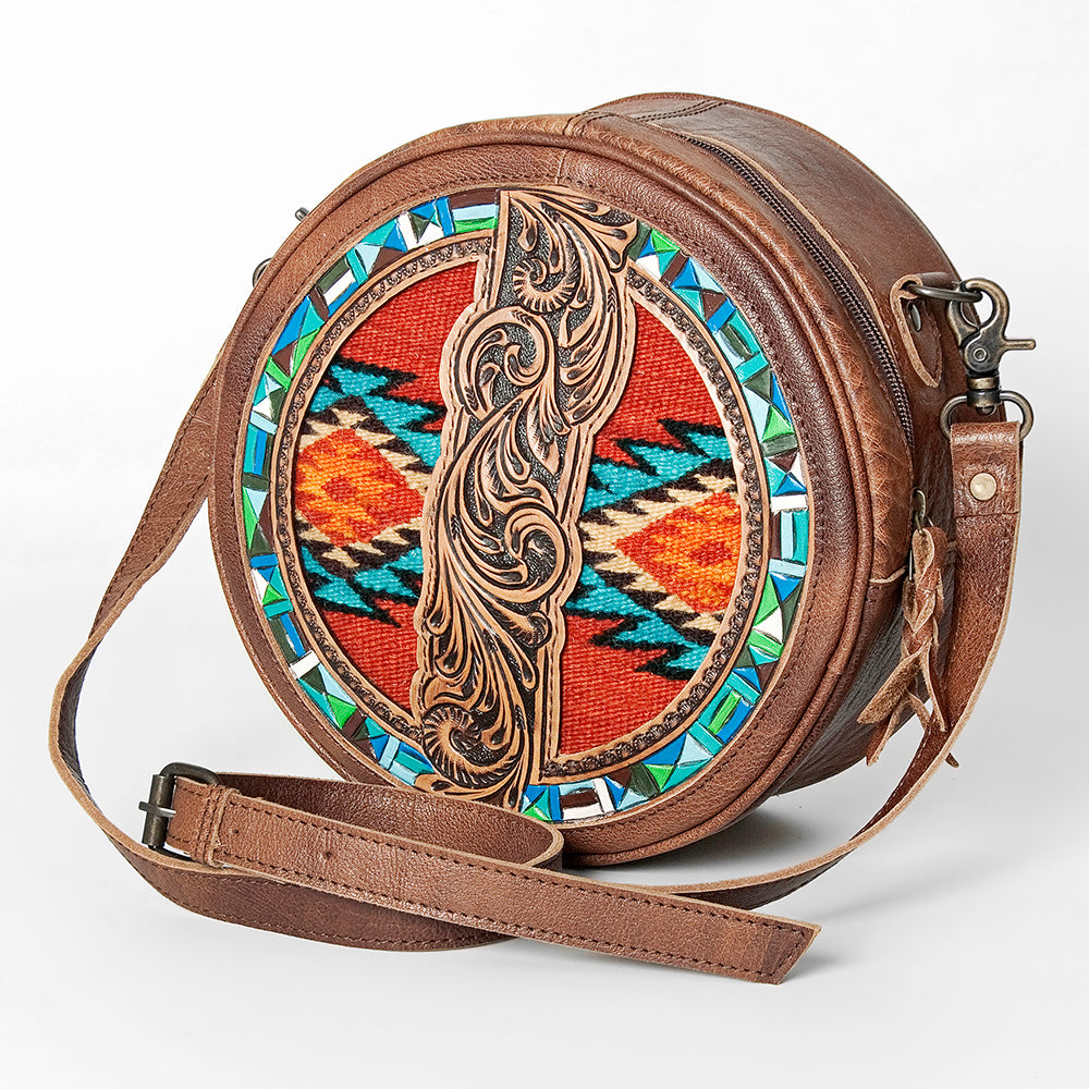 American Darling Canteen Bag Western Leather Hand Tooled Floral Carved Hair-On Cowhide Buck Stitched 10in x 10in