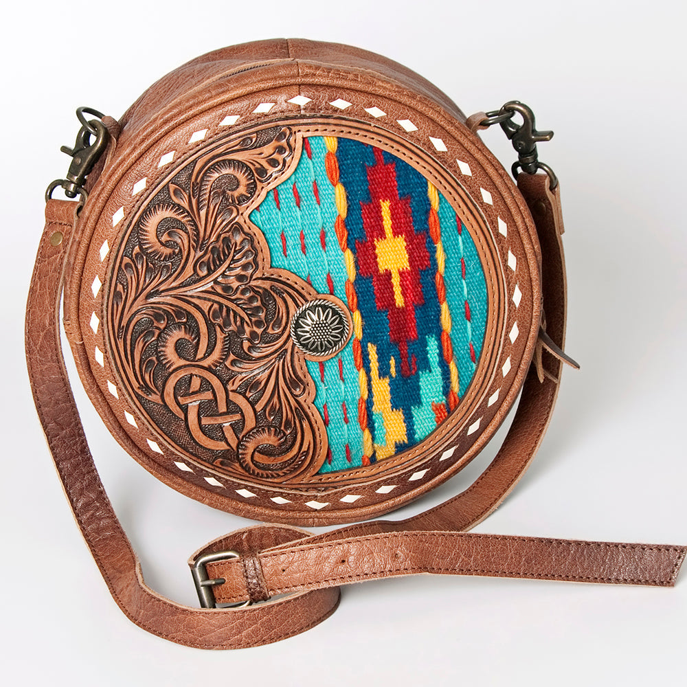 American Darling Canteen Bag Western Leather Hand Tooled Floral Carved Hair-On Cowhide Buck Stitched 10in x 10in