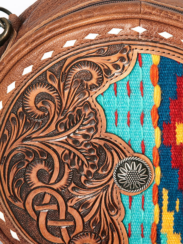 American Darling Canteen Bag Western Leather Hand Tooled Floral Carved Hair-On Cowhide Buck Stitched 10in x 10in