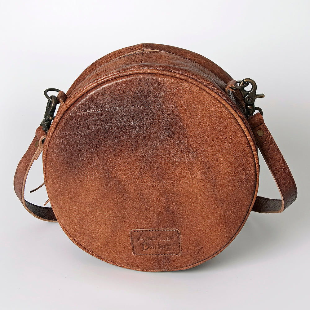 American Darling Canteen Bag Western Leather Hand Tooled Floral Carved Hair-On Cowhide Buck Stitched 10in x 10in