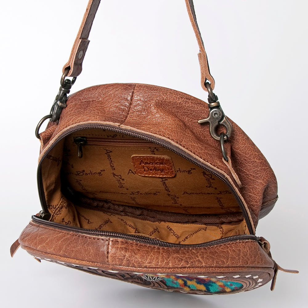 American Darling Canteen Bag Western Leather Hand Tooled Floral Carved Hair-On Cowhide Buck Stitched 10in x 10in