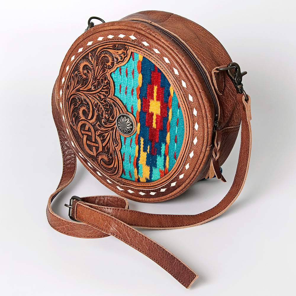 American Darling Canteen Bag Western Leather Hand Tooled Floral Carved Hair-On Cowhide Buck Stitched 10in x 10in