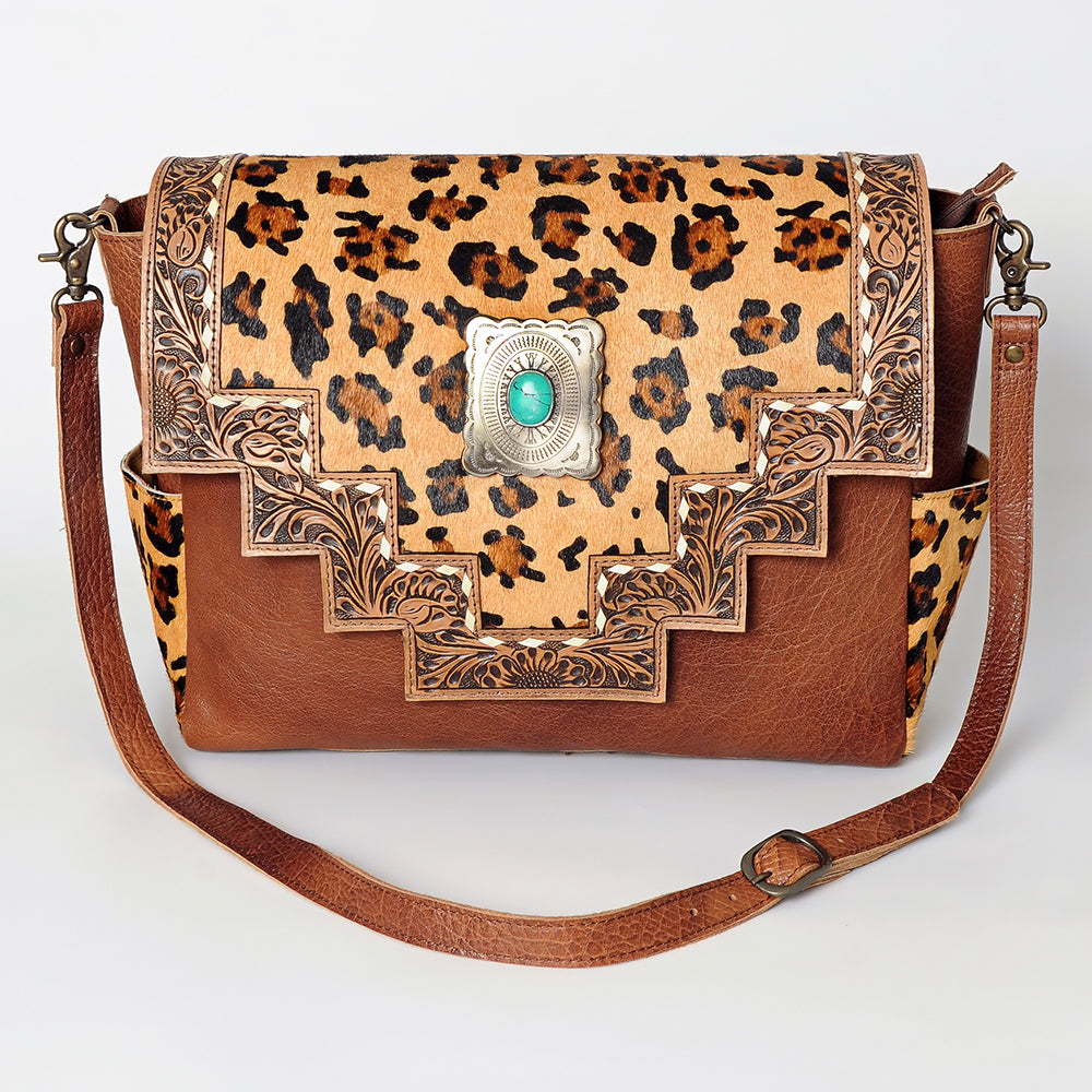 American Darling Messenger Bag Western Leather Hand Tooled Floral Carved Hair-On Cowhide Buckstitched 12in x 16in