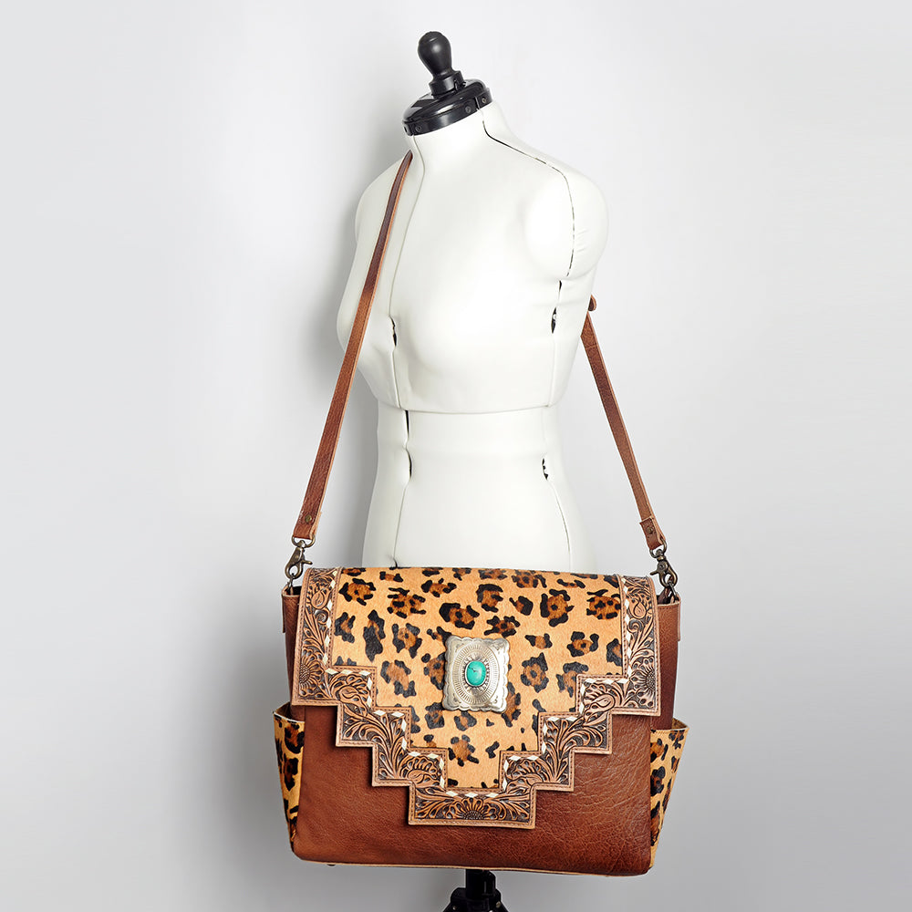 American Darling Messenger Bag Western Leather Hand Tooled Floral Carved Hair-On Cowhide Buckstitched 12in x 16in