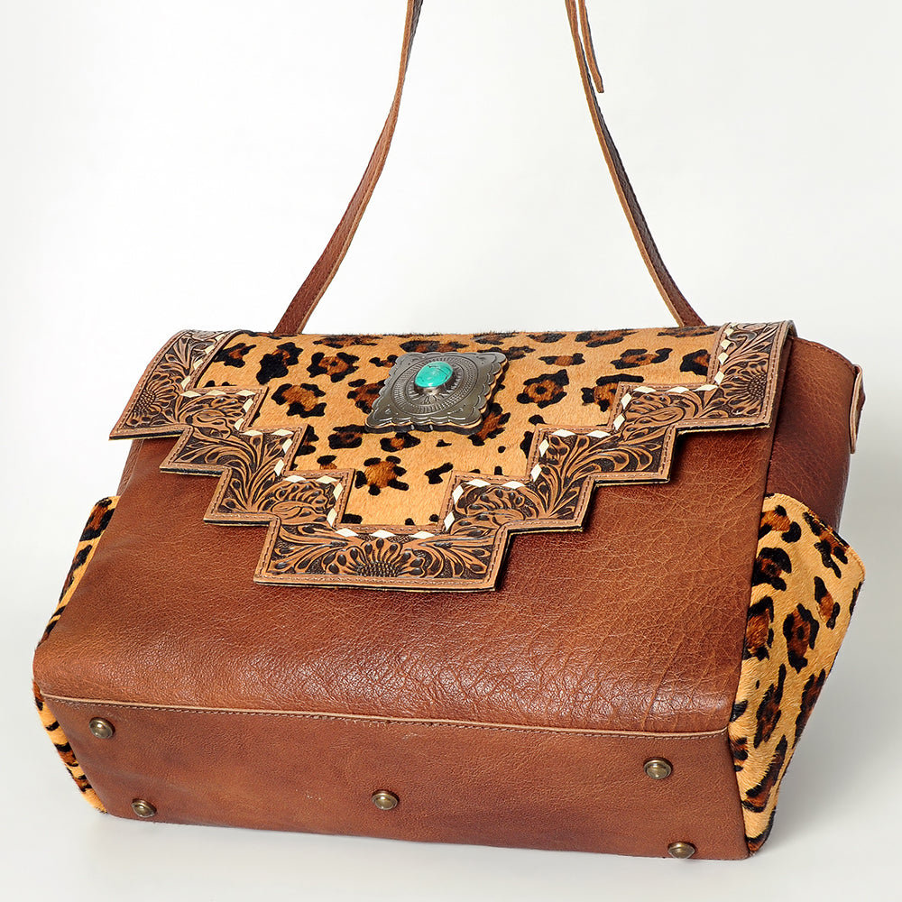 American Darling Messenger Bag Western Leather Hand Tooled Floral Carved Hair-On Cowhide Buckstitched 12in x 16in