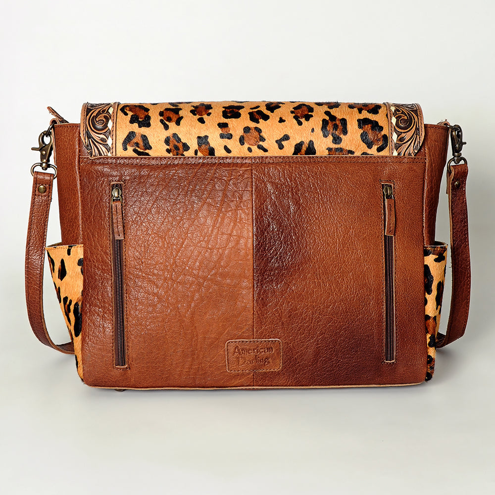 American Darling Messenger Bag Western Leather Hand Tooled Floral Carved Hair-On Cowhide Buckstitched 12in x 16in
