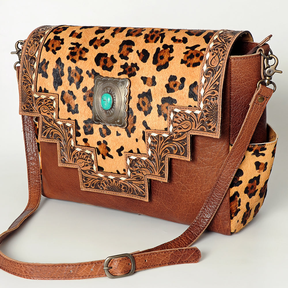 American Darling Messenger Bag Western Leather Hand Tooled Floral Carved Hair-On Cowhide Buckstitched 12in x 16in