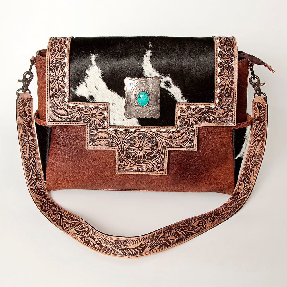 American Darling Messenger Bag Western Leather Hand Tooled Floral Carved Hair-On Cowhide Buckstitched 12in x 16in