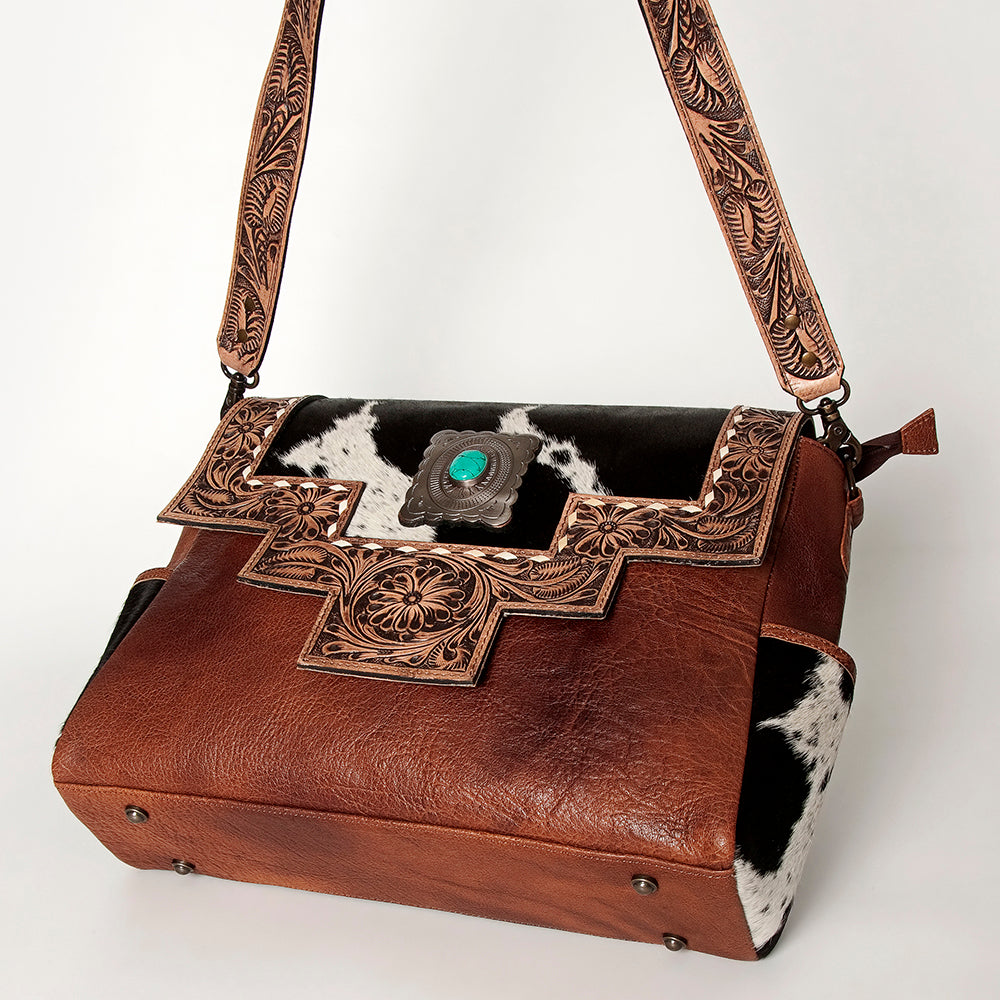 American Darling Messenger Bag Western Leather Hand Tooled Floral Carved Hair-On Cowhide Buckstitched 12in x 16in
