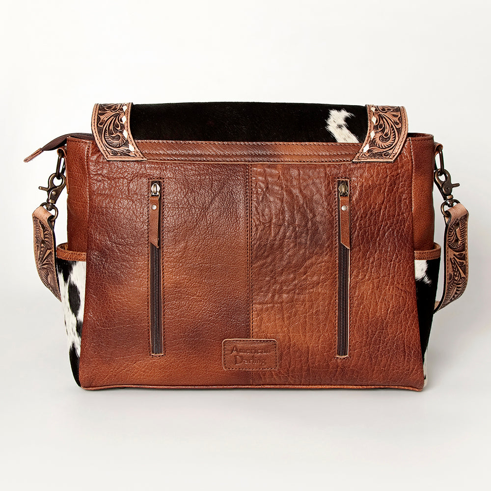 American Darling Messenger Bag Western Leather Hand Tooled Floral Carved Hair-On Cowhide Buckstitched 12in x 16in