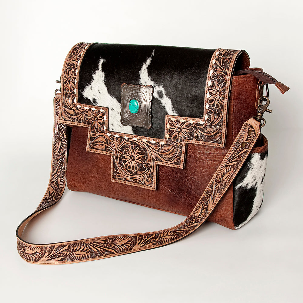 American Darling Messenger Bag Western Leather Hand Tooled Floral Carved Hair-On Cowhide Buckstitched 12in x 16in