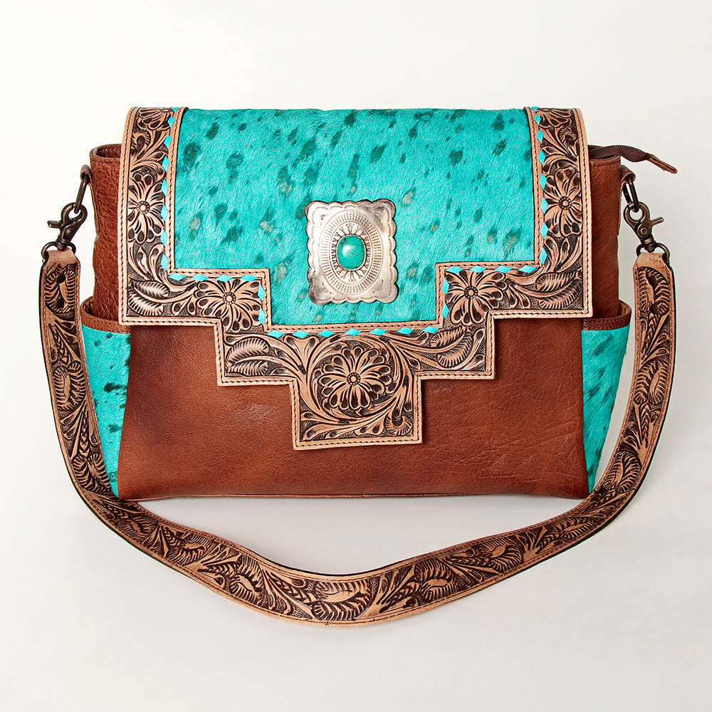 American Darling Messenger Bag Western Leather Hand Tooled Floral Carved Hair-On Cowhide Buckstitched 12in x 16in