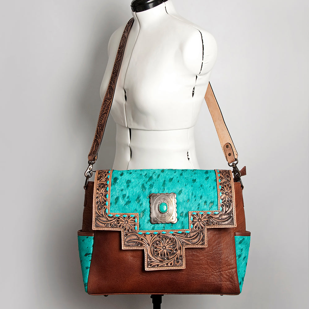 American Darling Messenger Bag Western Leather Hand Tooled Floral Carved Hair-On Cowhide Buckstitched 12in x 16in