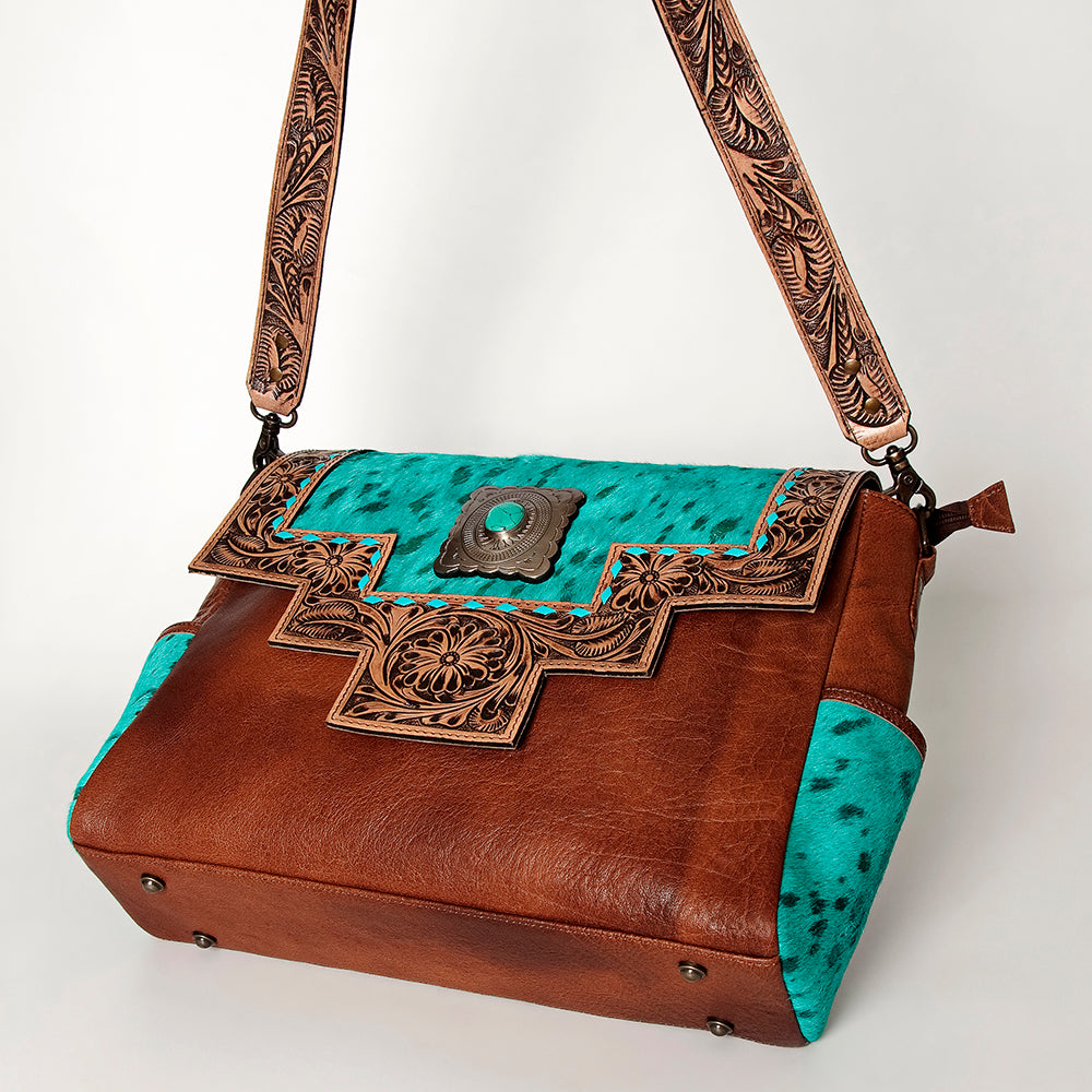 American Darling Messenger Bag Western Leather Hand Tooled Floral Carved Hair-On Cowhide Buckstitched 12in x 16in