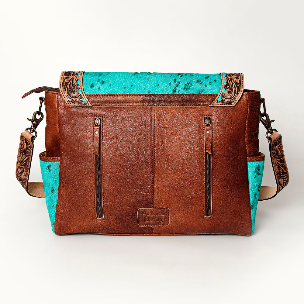 American Darling Messenger Bag Western Leather Hand Tooled Floral Carved Hair-On Cowhide Buckstitched 12in x 16in