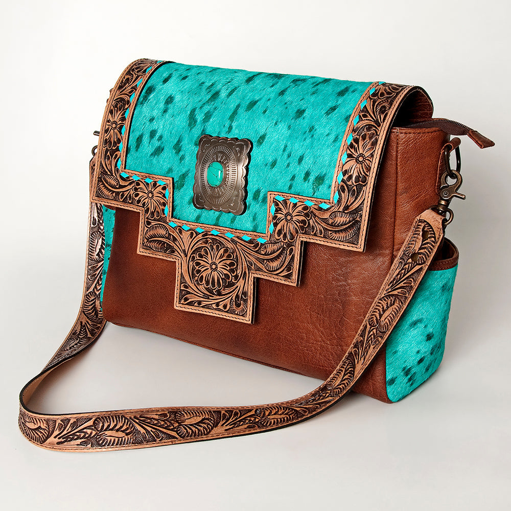 American Darling Messenger Bag Western Leather Hand Tooled Floral Carved Hair-On Cowhide Buckstitched 12in x 16in